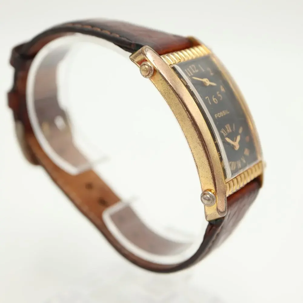 Vintage Fossil Dual Time 25mm Tank Watch Gold Tone Curved Black Dial New Battery